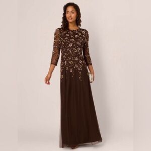 Adrianna Papell Brown Embroidered Long Sleeve Evening Gown